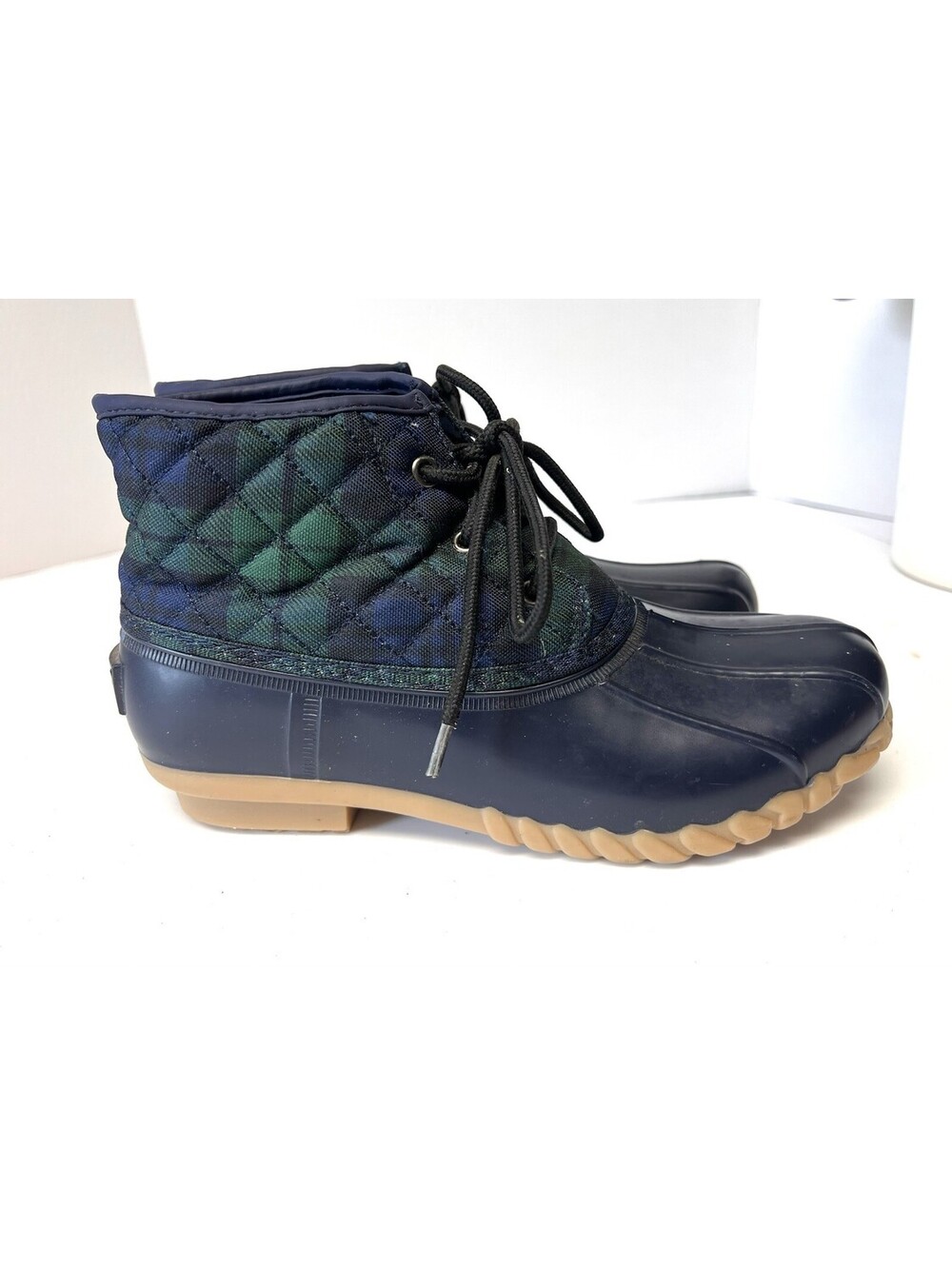 St Johns Bay Denton Quilted Lace Up Duck Boots Navy Plaid Rain Muck Women's Sz 8